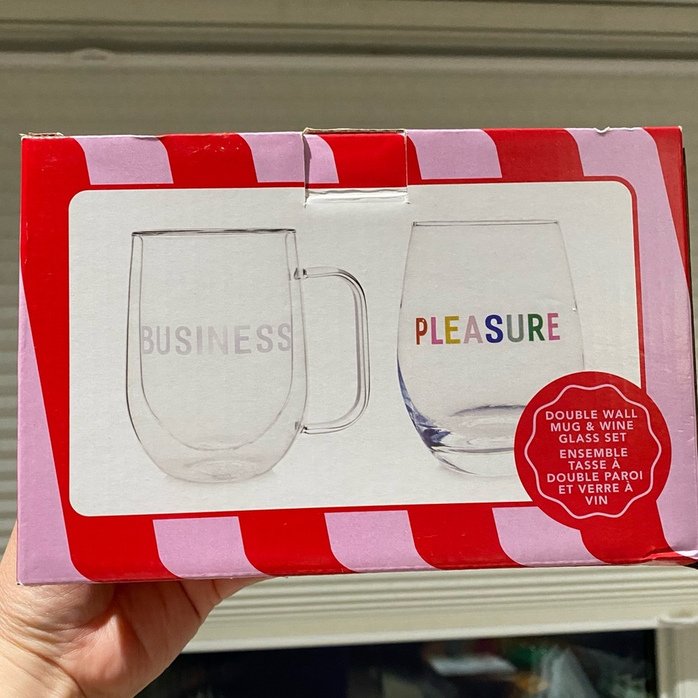 New in Original Box Business & Pleasure Double Wall Mug & Wine Glass Gift Set